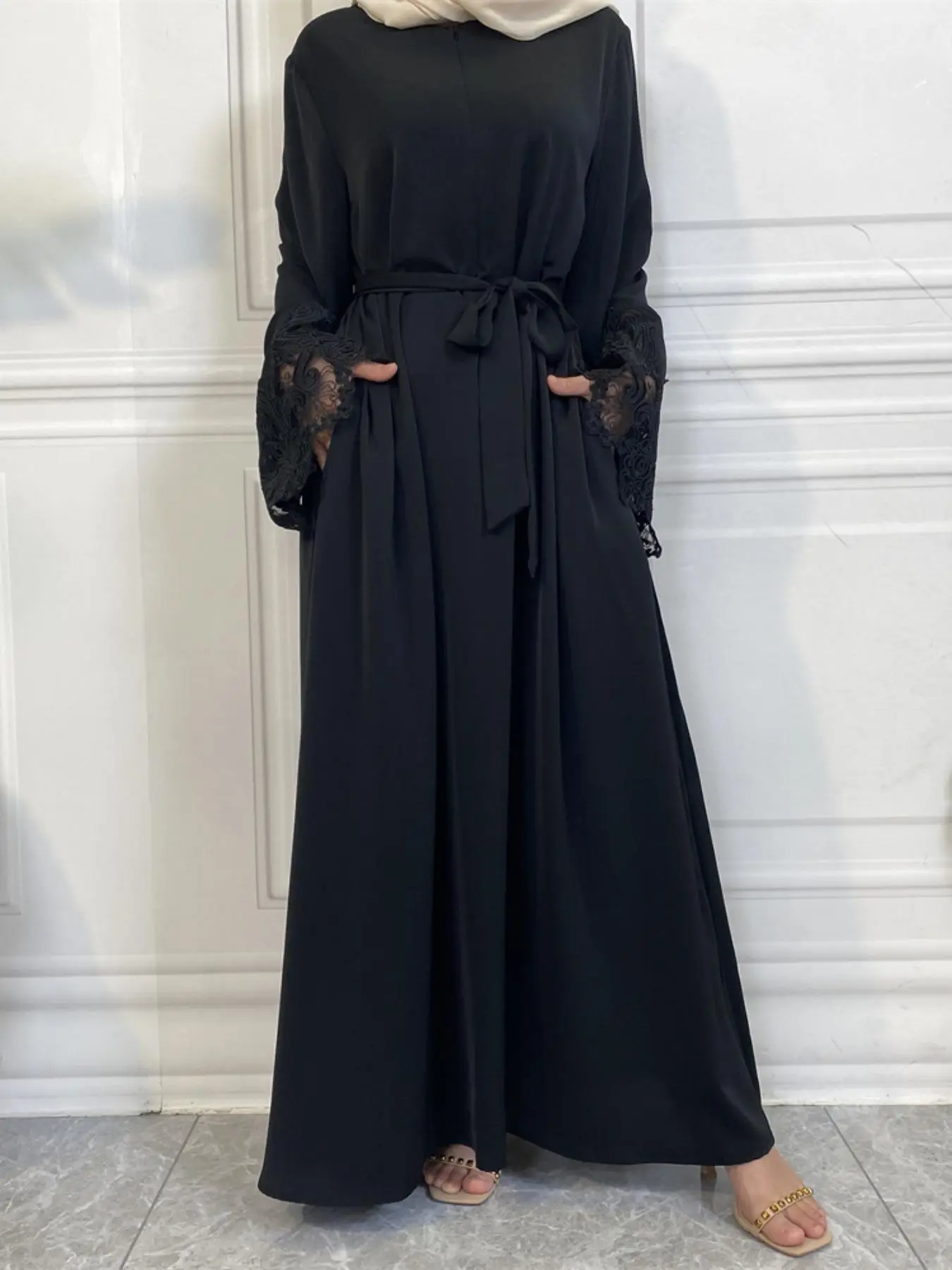 Women's Plain Lace Trim Dress, Modest Fashion Long Sleeve Belted Dress for Daily Outdoor Wear, Women's Islamic Clothing for Spring