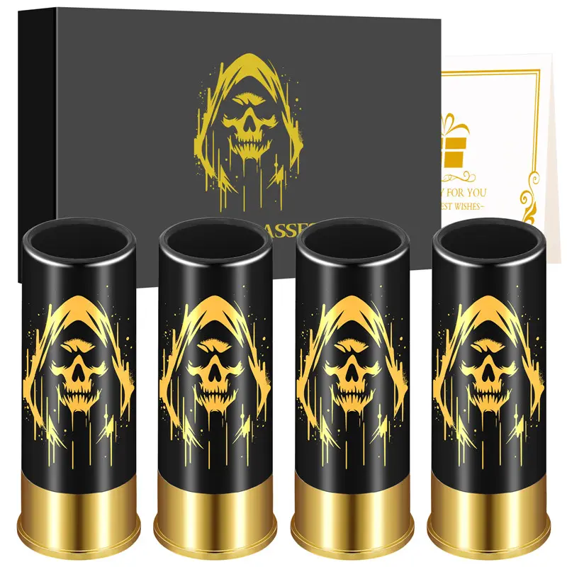 4pcs/set Skull Cap Design 12GA Plastic Shot Glasses, 1.5oz Black & Red Tequila & Whiskey Bullet Cups, Whiskey Tumbler, Ideal for Outdoor Hiking, Camping, Hunting, Home Bar Club Halloween Party Drinkware Cup, Stylish Drinkware Drinking Glasses