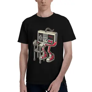 100% Cotton Men'S And Boys Retro Gaming Pattern T-Shirt - Fun Old Video Game Console Design, Black Casual T-Shirt With Red Sneakers And Cable Detail, Short Sleeves, Crew Neck, Machine Washable Golf Gift T-Shirt For Men And Women Crewneck Classic