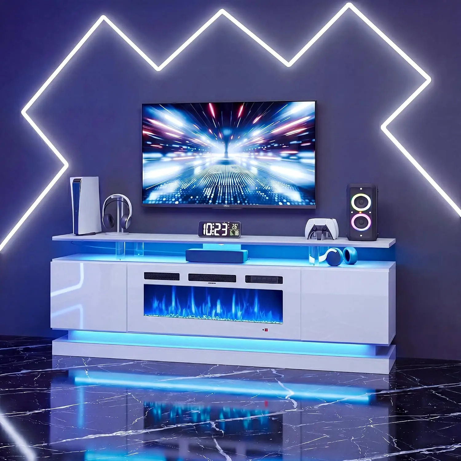 Aoxun 70 Inch Fireplace TV Stand for TVs up to 80", WhiteEntertainment Center with White Electric Fireplace,StorageCabinets&Adjustable LED Light, Media Console for LivingRoom