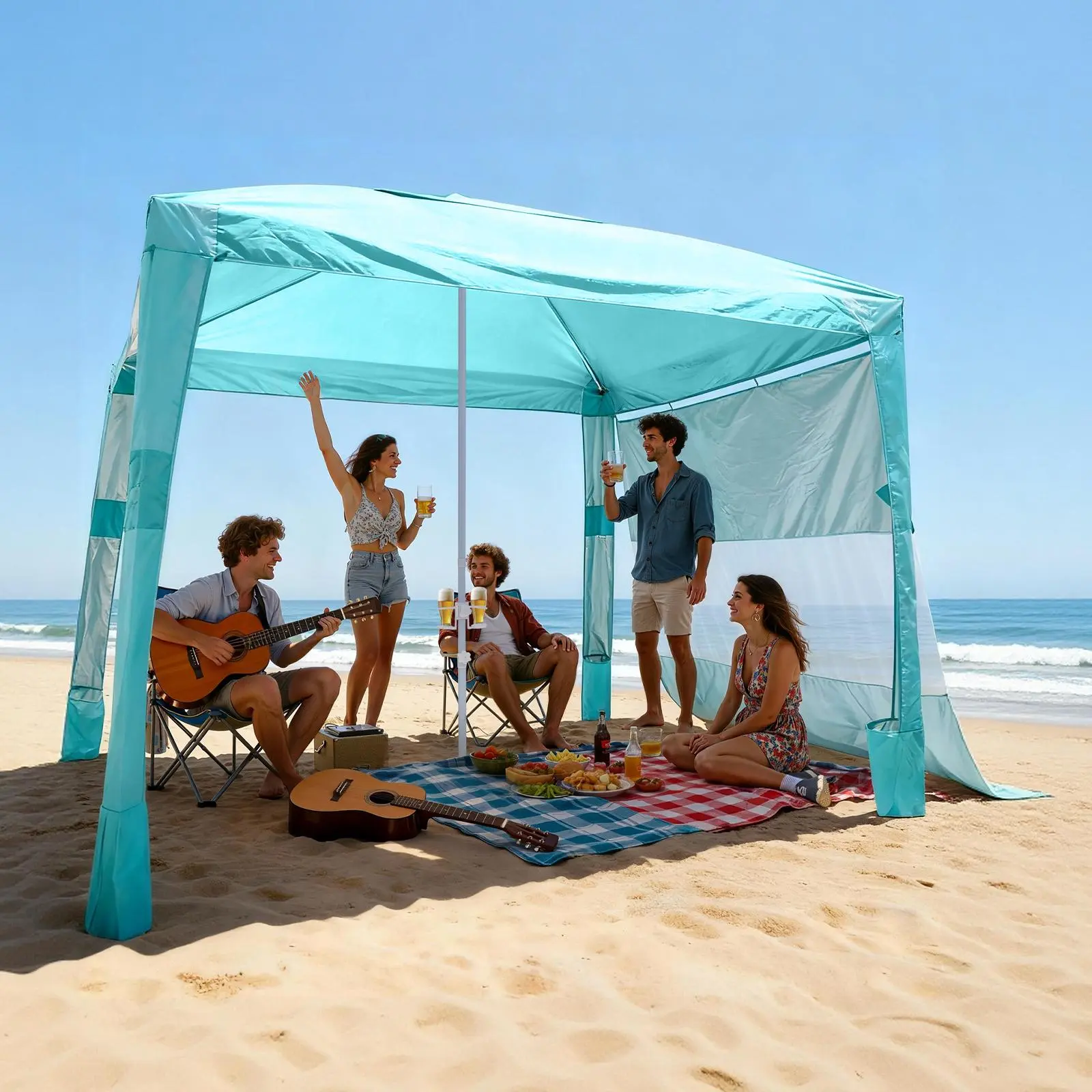 【summerfinds】VEVOR Beach Cabana Tent 8x8 ft, Portable Sun Shelter with UPF 50+ Protection, Wind-Resistant Steel Frame Canopy with Adjustable Height, Side Wall and Sand Pockets, Green, Beach Tent, Tent For Beach