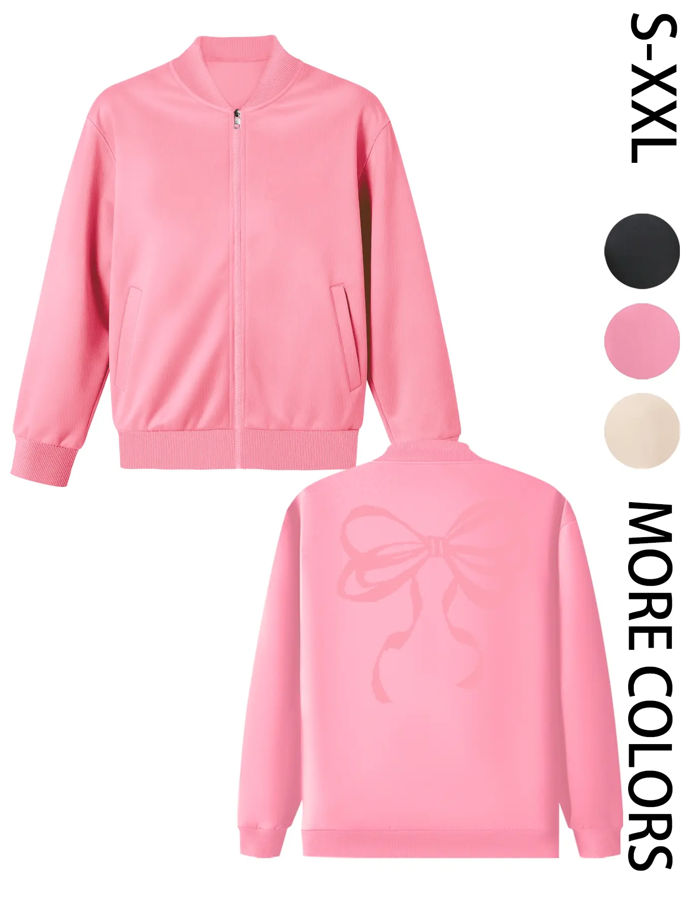 Women's Casual Lightweight Long Sleeve Bomber Jacket with Pink Bow Graphic Print, Fashionable and Comfortable Design, Suitable for Everyday Wear and Outdoor Activities