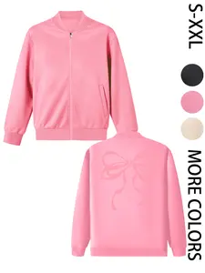 Women's Casual Lightweight Bomber Jacket with Pink Bow Print, Fashionable and Comfortable Design, Suitable for Daily Wear and Outdoor Activities