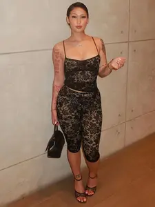 Women's Plain Floral Lace Cami Top & Skinny Pants Two-piece Set, Sexy Feminine Fashion Casual Two Piece Outfits for Daily Outdoor Wear, Lady Black Clothes Outfit, Womenswear