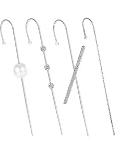 4 Pcs Silvery Ear Wrap Crawler Hook Earrings, Unique Ear Wrap Earrings Piercing Ear Cuffs Earrings Rhinestone Crawler Earrings for Women