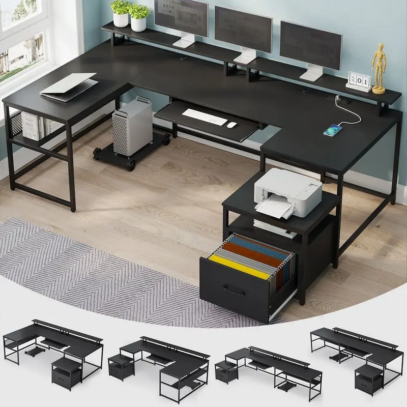 [SummerSale] Sikaic 101.5 Inches U Shaped Reversible L Shaped Computer Desk with File Drawer Power Outlet Keyboard Tray Dual Monitor Mount for Father's Day Gift, Home Furniture, Dorm Essentials