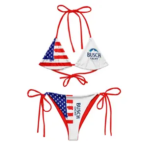 Buuschh L!ght American Flag Triangle Beach Bikini, Two-piece Set Women's All Over Print Bikini Sets, Fashion Chic Halter Backless Triangle Swim