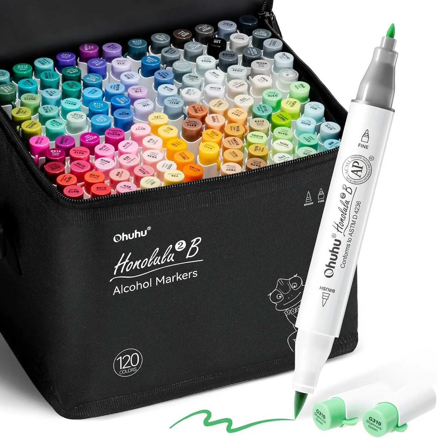 Ohuhu Alcohol Markers: Brush & Fine / Chisel - 120 Colors for Adults Coloring Refillable | AP Certified Art Marker Set, Dual Tips Alcohol-based for Artists Beginners Drawing Illustration Sketching, Honolulu 2 & 2B Series of Ohuhu