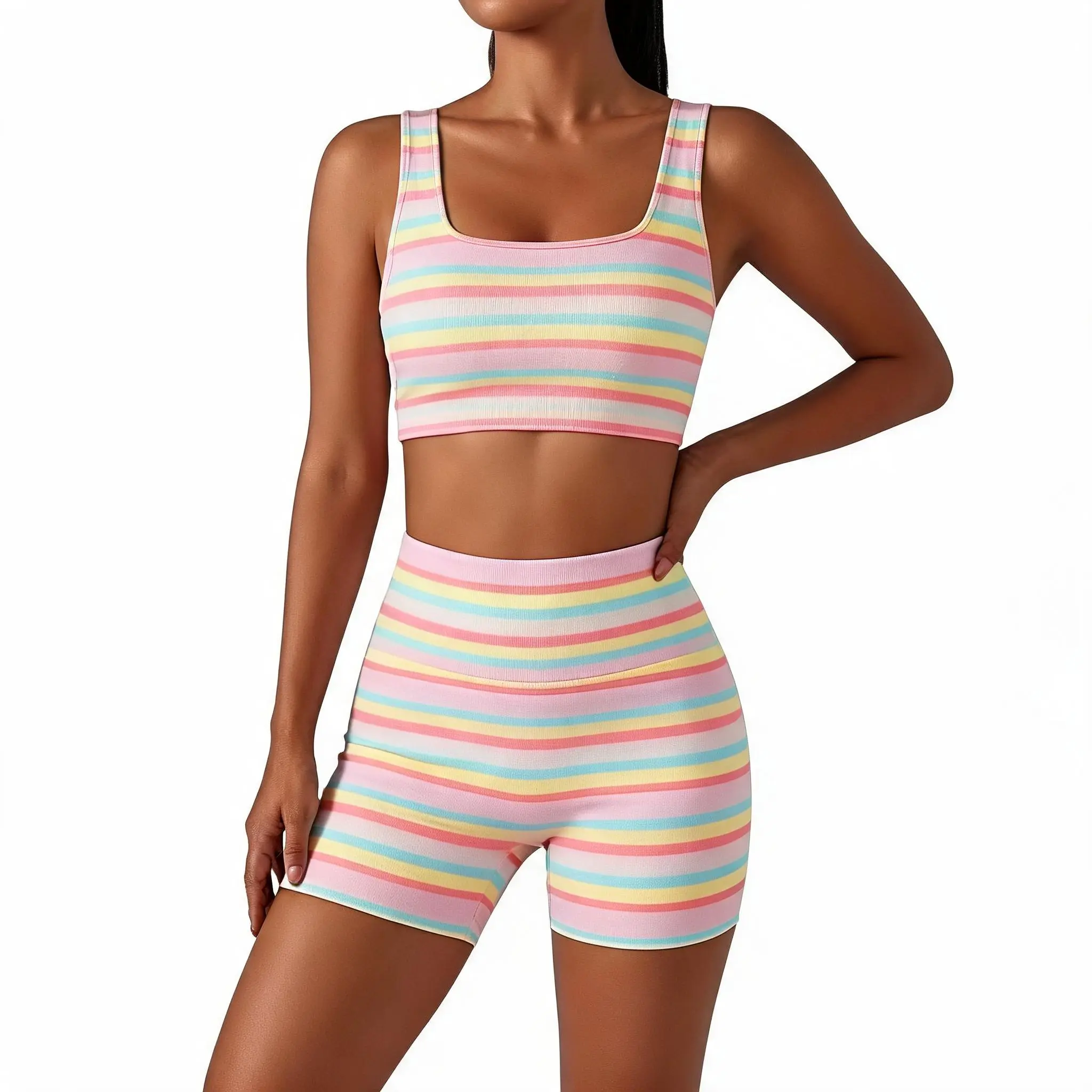 Women’s Rainbow Stripe 2 Piece Workout Set Sleeveless Crop Tank Top High Waist Biker Shorts Matching Lounge Outfit