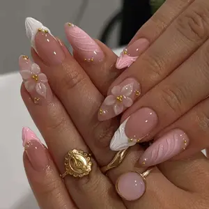 Elegant Rhinestone Pearl Press-On Nails, French Fashion Nail Art Flower Design Rhinestone, Easy Wear, Detachable, Perfect for All Occasions, Girls & Women, Fashionable Rhinestone Decorated