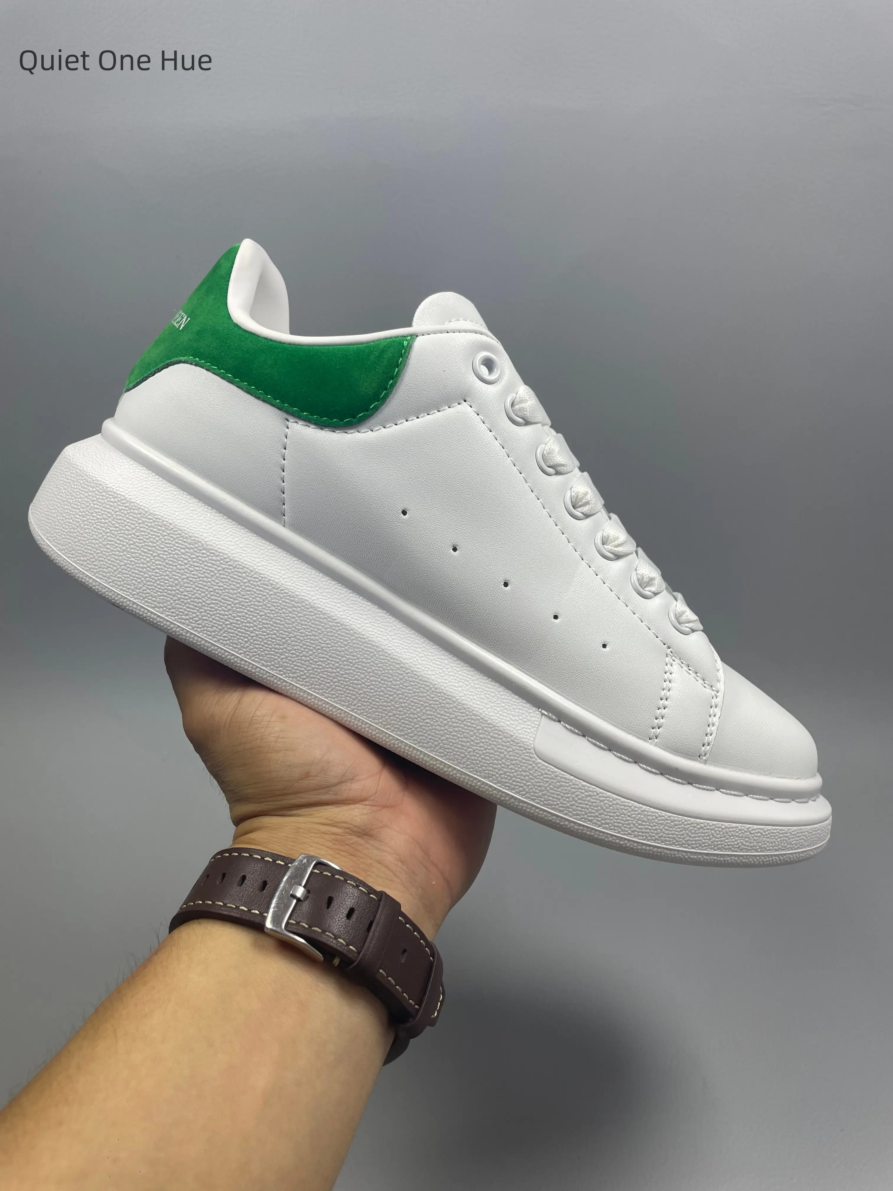 Couple Matching Two Tone White Platform Trainers With Fresh Green Suede Back, Versatile All Season Chunky Sole Walking Sneakers