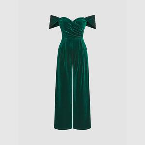 Cider [3 colors, Size 2-26] Velvet Off-shoulder Solid Ruched Jumpsuit