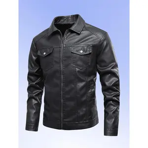 Men's Black PU Leather Biker Jacket - Stylish Square Collar, Zip-Up Design with PU Leather Chest Pockets, All-Season Casual Wear, Casual Wear Jacket |   Zipup Jacket |   Glossy Finish