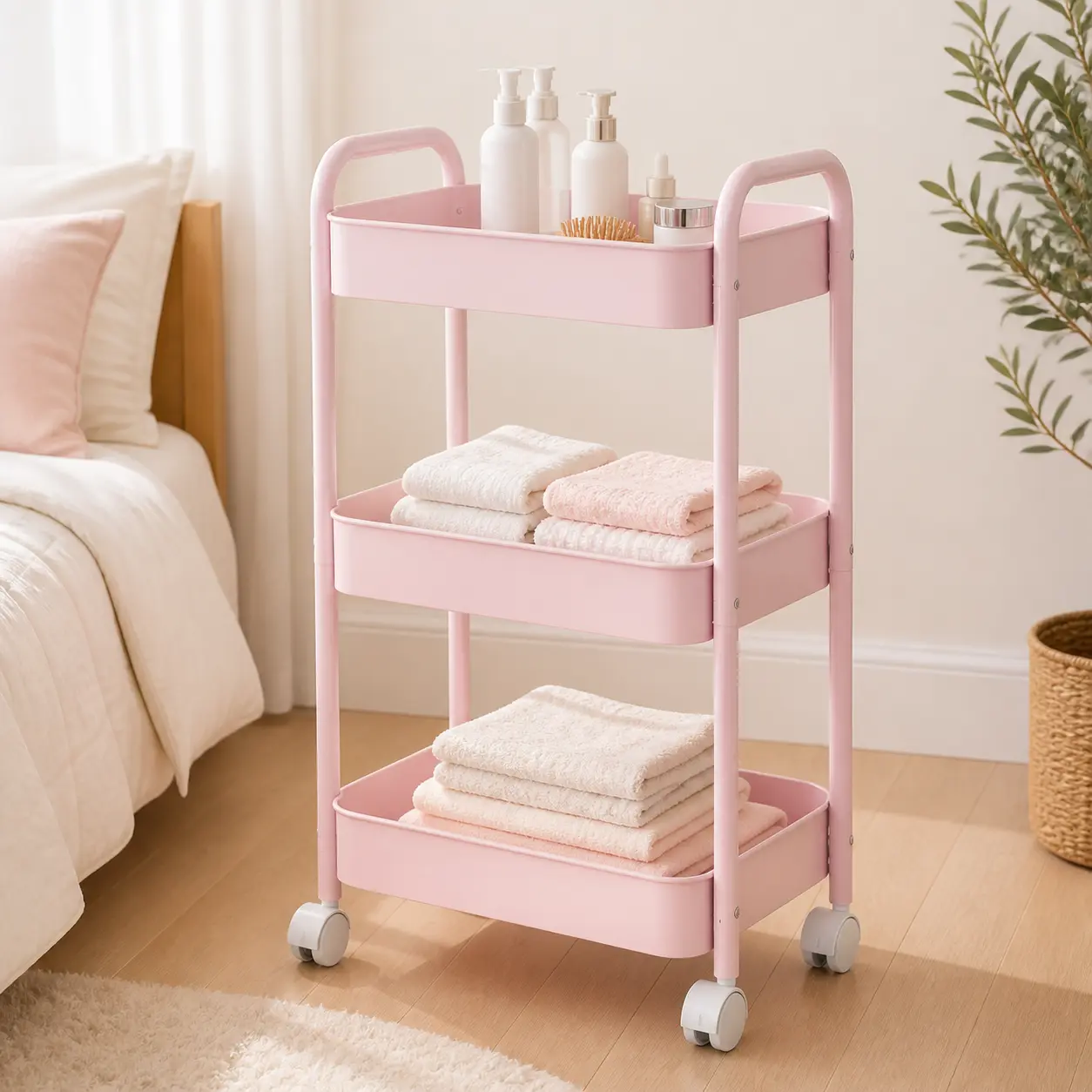 Pink Rolling Utility Cart 3 Tier, Heavy Duty Metal Storage Cart with 360 Degree Swivel Wheels, 2 Locking Casters and Double Handles, Mobile Organizer for Dorm Room Essentials, Snacks, Makeup, Crafts, Kitchen, Bathroom, Office and Laundry Room