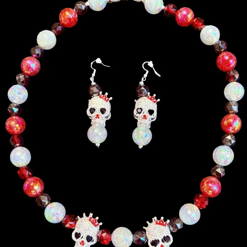 Skulls Crowns and Fire-Red Power Deadly Glam Necklace Set with Sparkling Beads and Skull Earrings Gothic Glam Jewelry Set