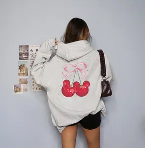 Cherry Mouse Ears Hoodie, Coquette Bow Back Print Sweatshirt Princess Aesthetic Cherries Trendy Family Vacation Women Soft Girl Gift for Her