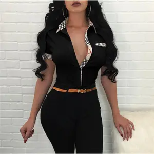 Women shirts lapel long-sleeved button top vintage plaid print casual ladies work blouse Roupas Fabric Short