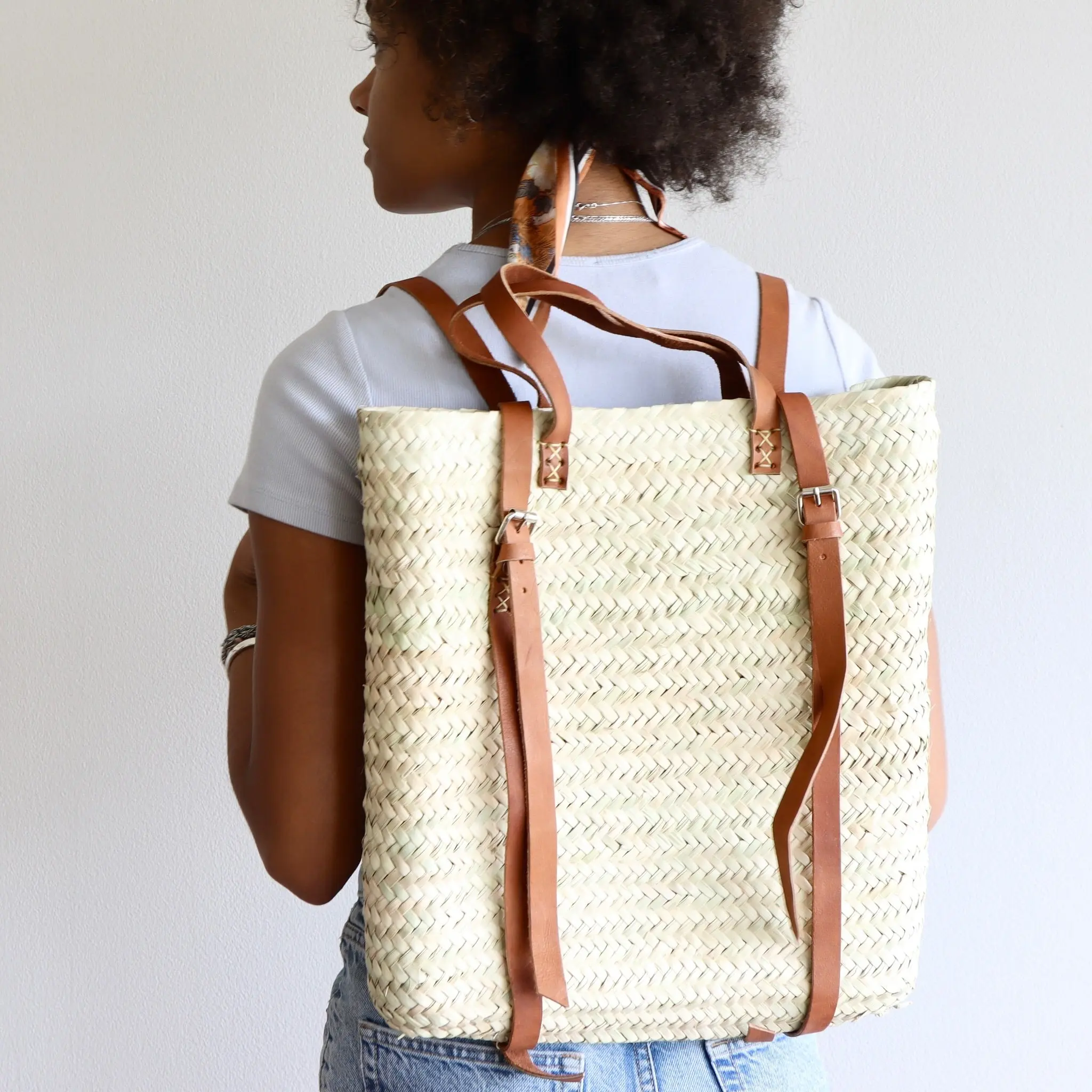 Aiden Straw & Leather French Market Backpack - Cognac