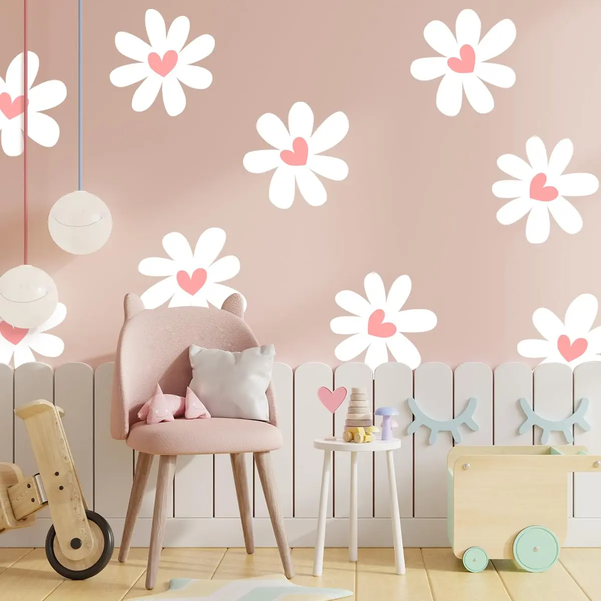12 Sheets Wall Stickers Peel And Stick Pink Heart Decals For Room Decor Large Boho White Flower Wallpaper Decal Furniture Dresser Bedroom Playroom Living Walls Window