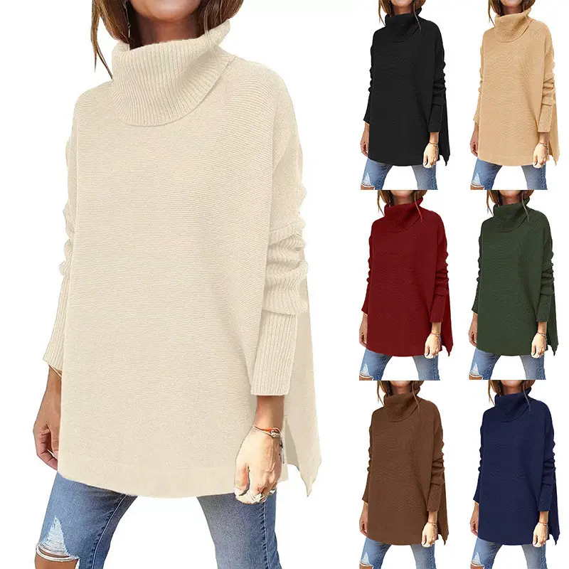 2025 Turtleneck Sweater Mid-Length Batwing Sleeve Hem Waist Pullover Sweater Needle Woven Women