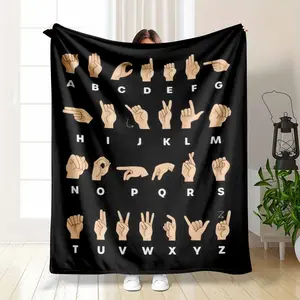 American Sign Language (ASL) Alphabet Flannel Blanket Hand Gesture and Letter Print Design Soft Warm Cozy Lightweight Throw Ideal for Sofa Bedroom Classroom Office Travel Gift Decor Use