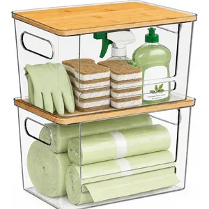 Trash Bag Dispenser 2 Pack - Under Sink Organizer, Plastic Bag Holder, Stackable Acrylic Garbage Bag Storage with Bamboo Lid for Kitchen Cabinet, 13/30/33 Gallon Grocery Bag Dispenser