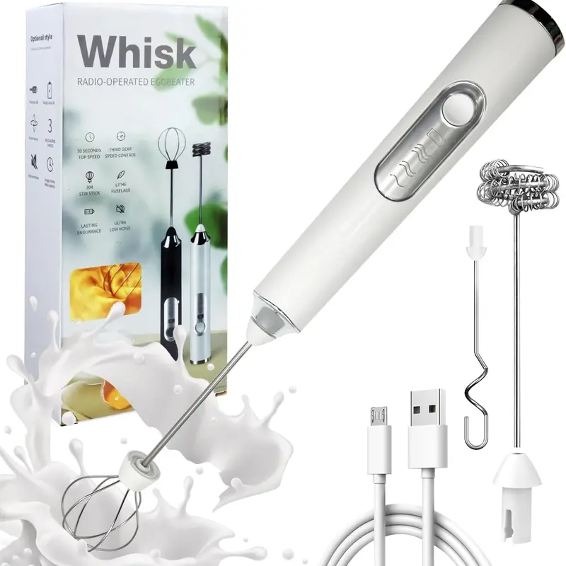 Rechargeable Electric Milk Frother Wand - Coffee Frother Mixer, 3-Speed Settings, 3-Head for Eggs, Small ABS Body, USB Charging, Powder Mix Hook, Battery Level Light, Environmentally Friendly, Low Noise, Creamy Foam in 15-20 Seconds for Latte, Cappuccino