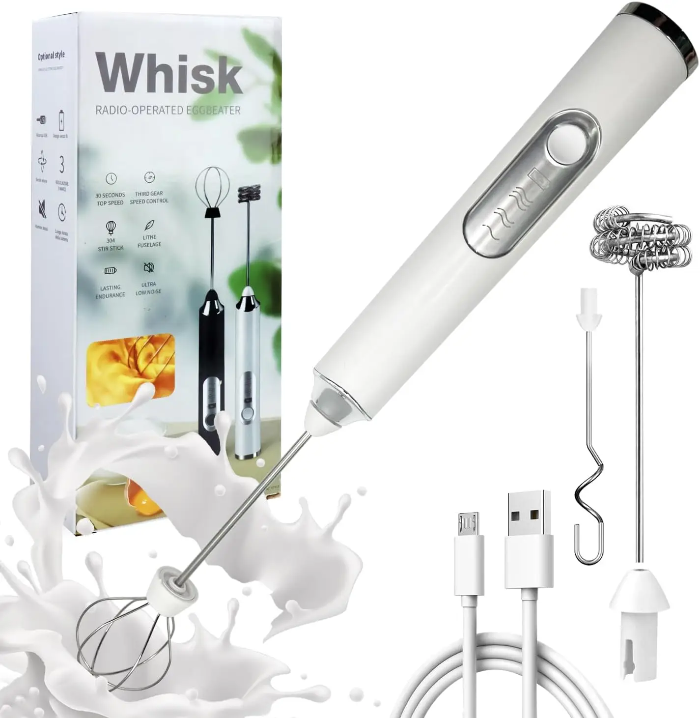 Milk Frother Wand for Coffee, Rechargeable Electric Whisk with 3 Heads 3 Speeds Drink Mixer Coffee Frother For Latte, Cappuccino, Hot Chocolate, Egg
