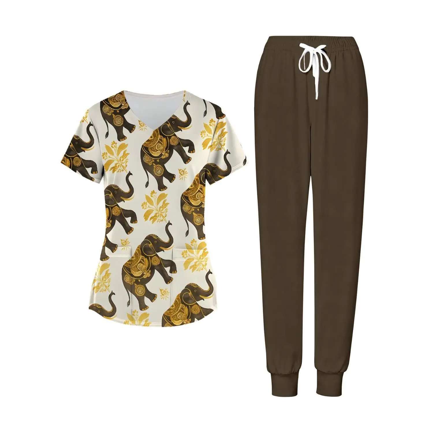 Plus Size V-Neck Short Sleeve Shirt & Pants Set - Home Care Services 2-Piece Outfit in Cream Beige & Bronze Elephant Print - Comfortable Relaxed Loungewear - Loose Fit Clothing - Elegant Style - Easy-Care Fabric - Lightweight Material - Sizes 1XL-5XL