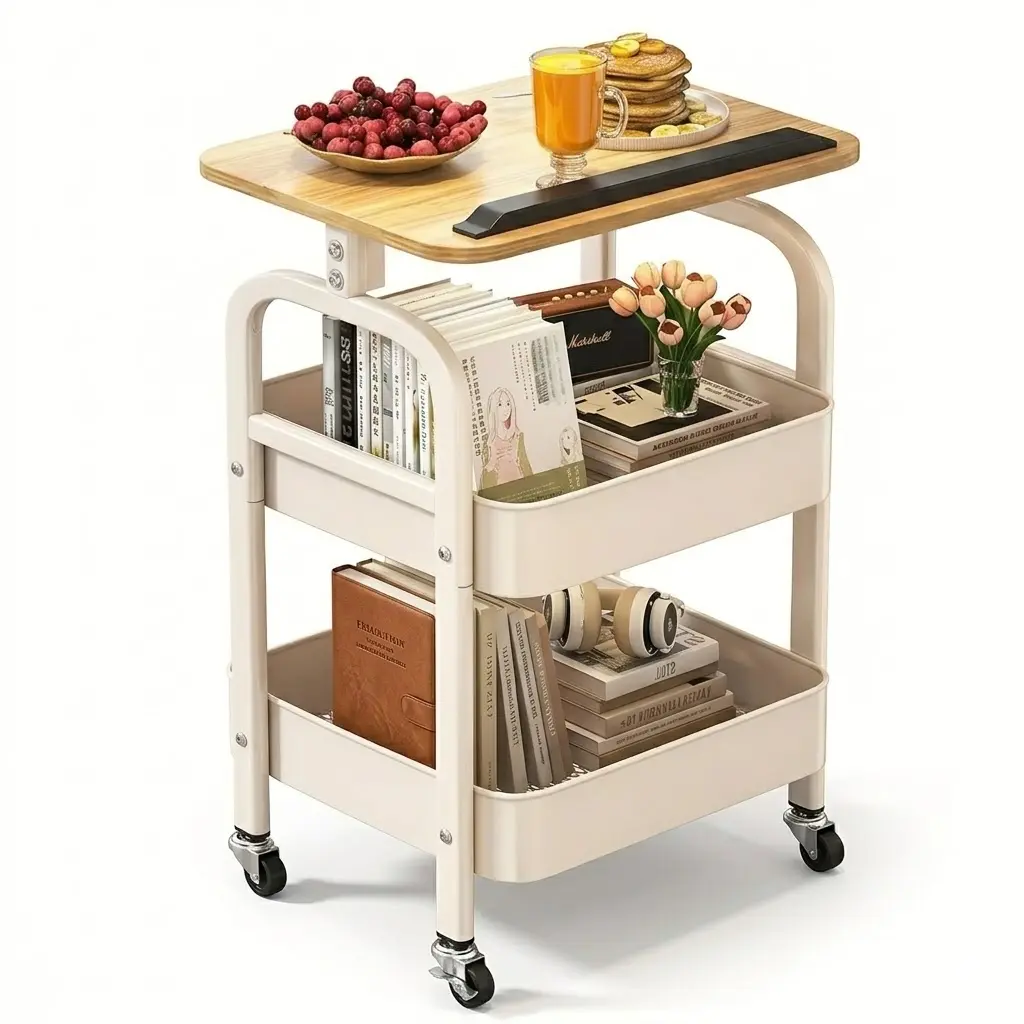Upgraded Vertical Rolling Coffee Table Cart with Flip Top, Mobile Sofa Side Table with Storage Shelves & Swivel Wheels, Bedside Snack Cart for Phone, Tablet, Laptop, Reading & Drawing, Narrow End Table for Bedroom Living Room