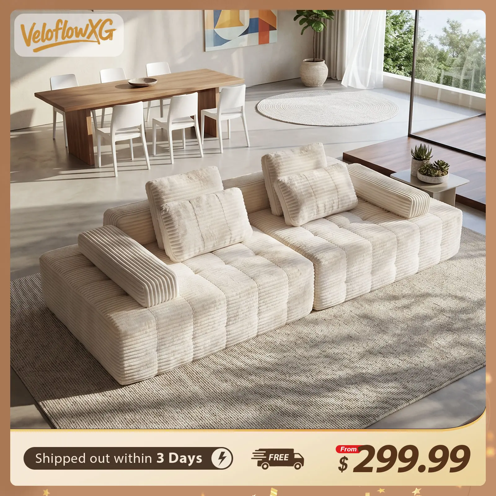 【Father's Day】 Brand New Boneless Upholstered Modular Sofa Set, Plush Corduroy Sectional Couch with 2 Movable Armrests, Ergonomic Memory Foam Cloud Sofa for Living Room (2 Packages Shipping), Sofas Living Room