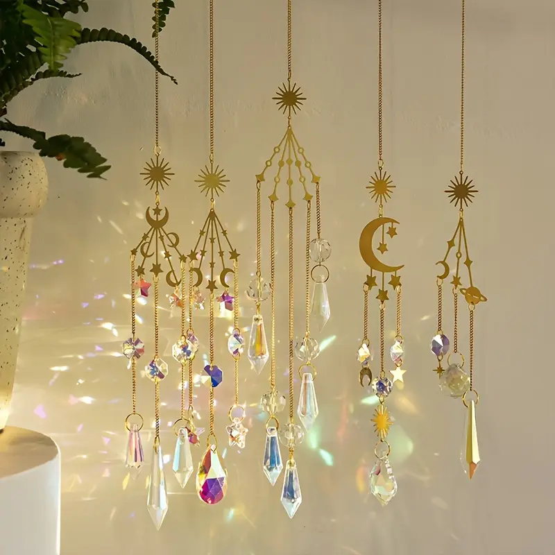 [Prism Rainbow Wind Chime Pendant] Star Moon Light Catcher Crystal Pendant Prism Rainbow Wind Chime Suitable for Home Garden Window Decoration, Sun Catcher Magic