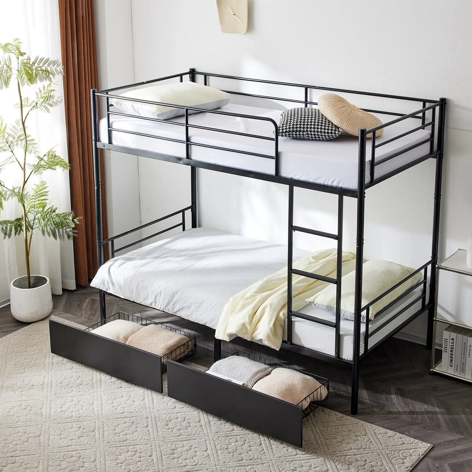 Twin Over Twin Convertible Bunk Bed with 2 Storage Drawers, Metal Bunk Bed Can be Divided Into Two Daybeds, Black outdoorfun Modern Design Minimalist