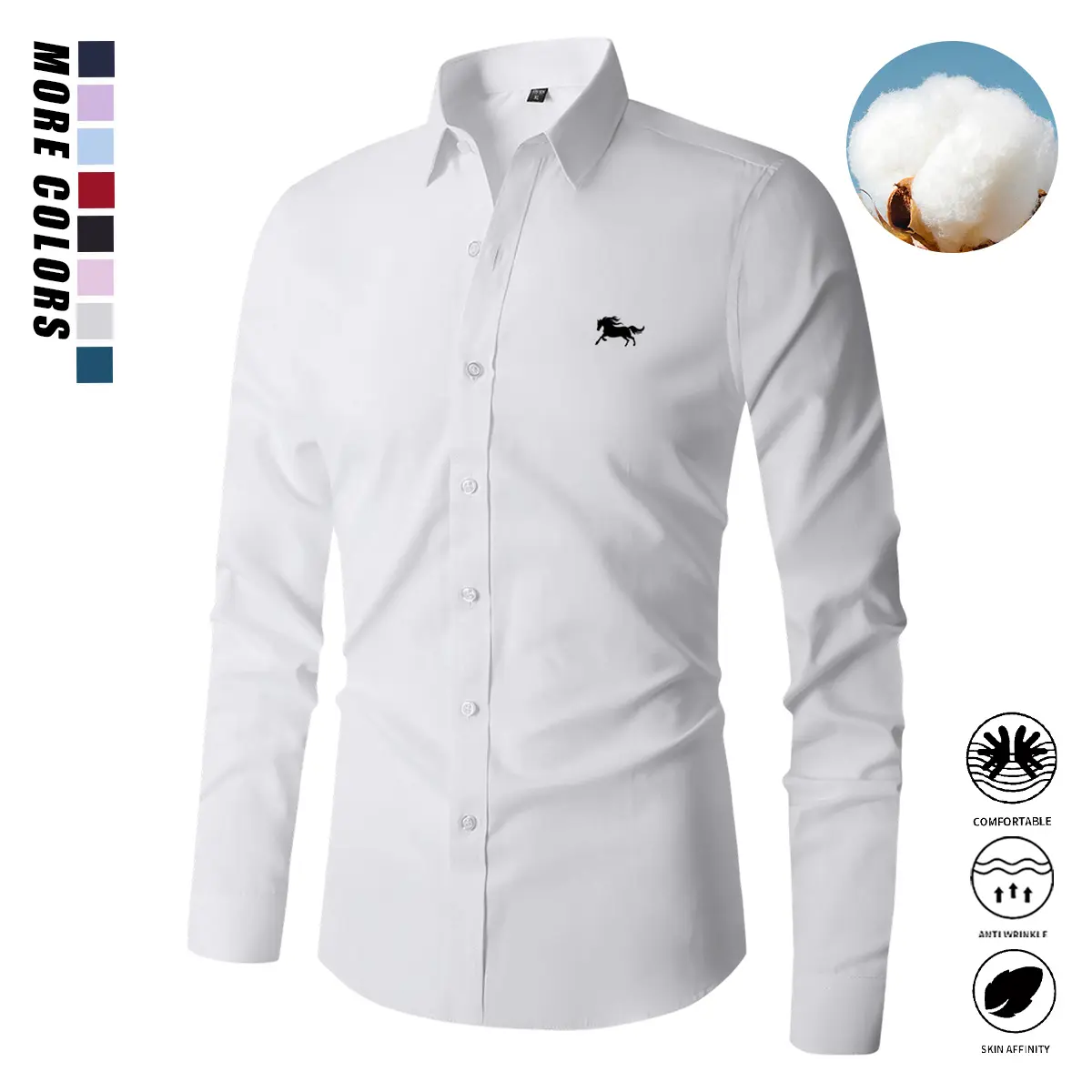 Men’s solid-color long-sleeve casual business shirt, cotton men’s long-sleeve shirt, elegant men’s dress shirt, men’s casual shirt, professional attire, office wear, modern menswear, easy-care fabric