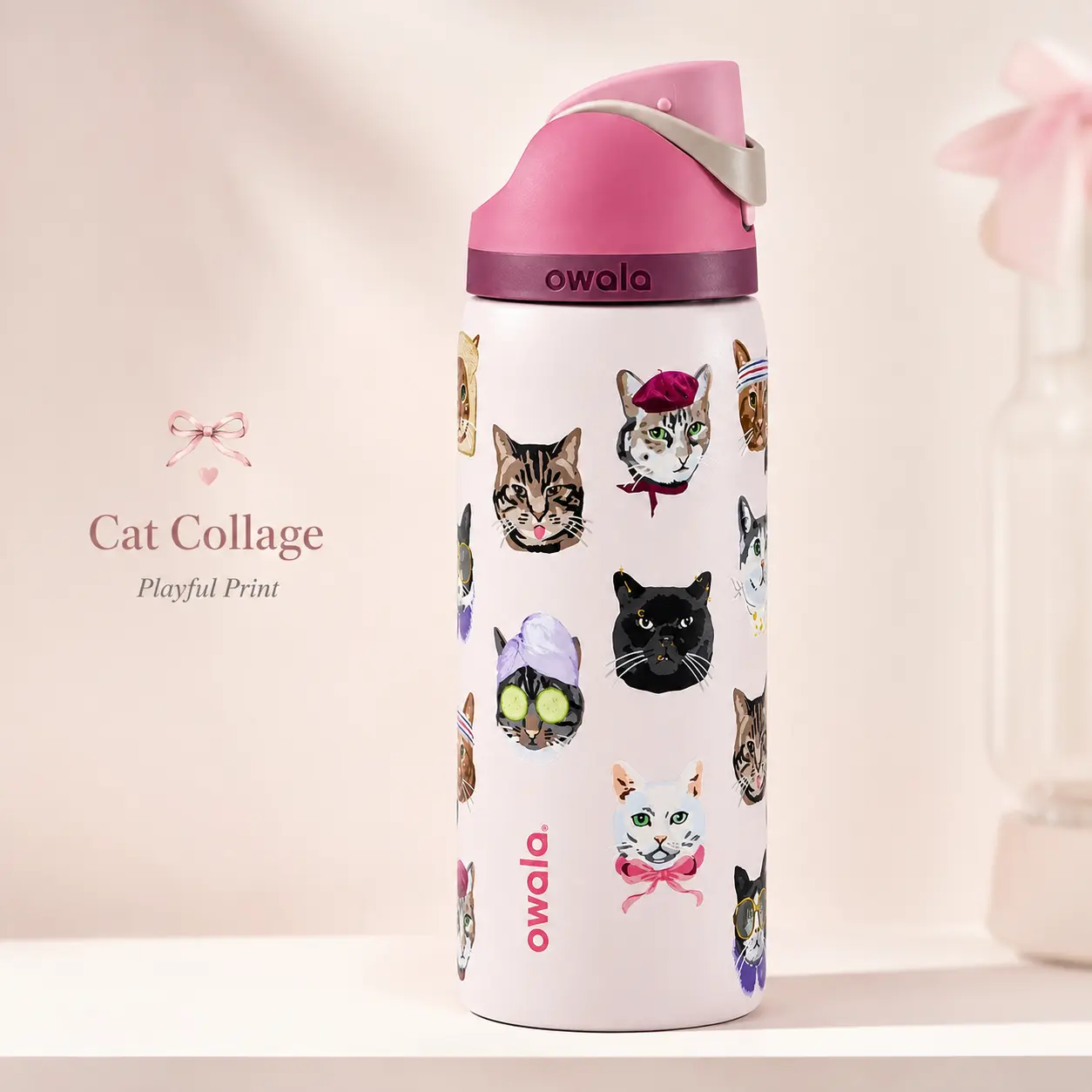 Owala UO Exclusive Pink Cat Collage FreeSip 32 oz Insulated Stainless Steel Water Bottle – Leakproof Lid & Carry Loop