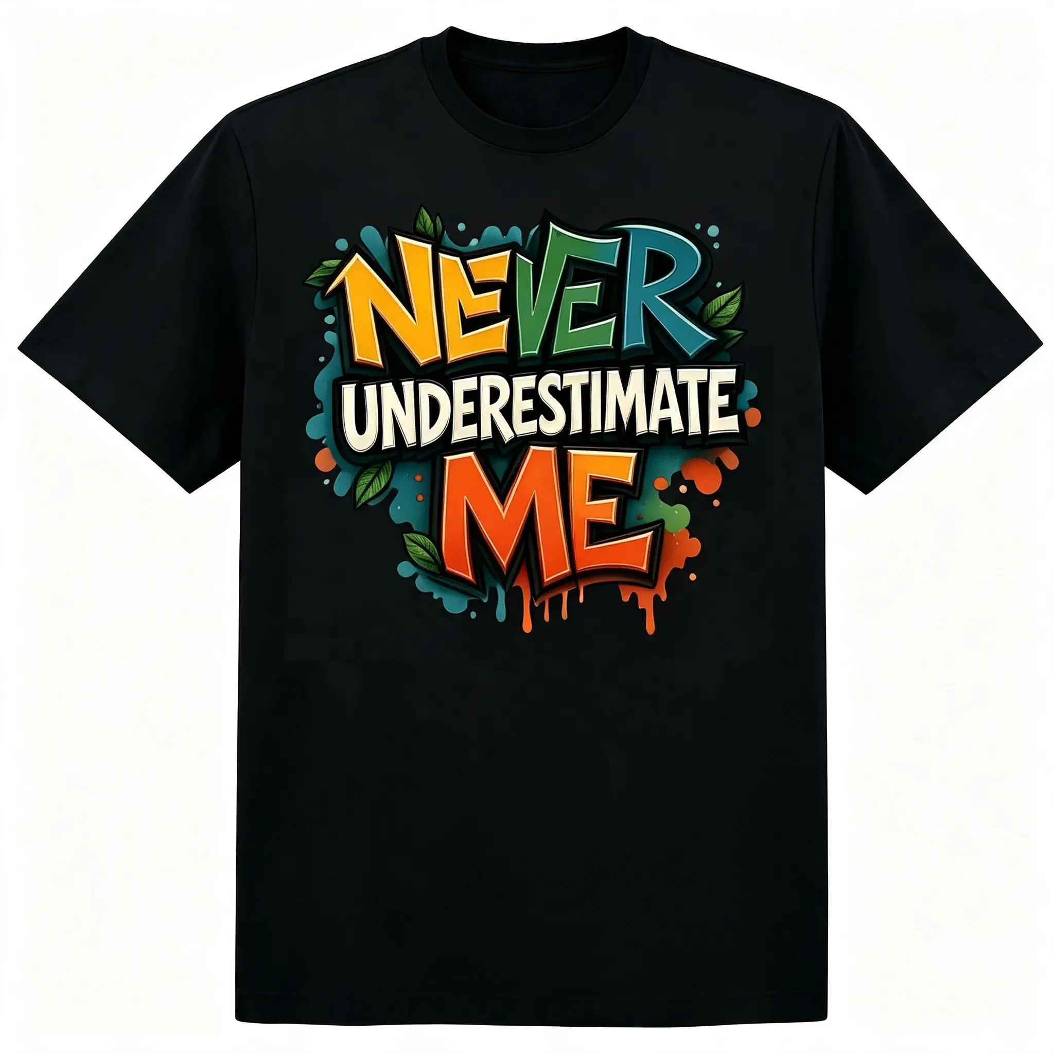 "Never Underestimate Me" Graffiti Splash Leaf Unisex T-Shirt for Men & Women - Colorful Street-Style Tee, Soft Cotton Crew Neck Short Sleeve, Great for Daily & All-Season Wear, Summer Spring, Machine Washable