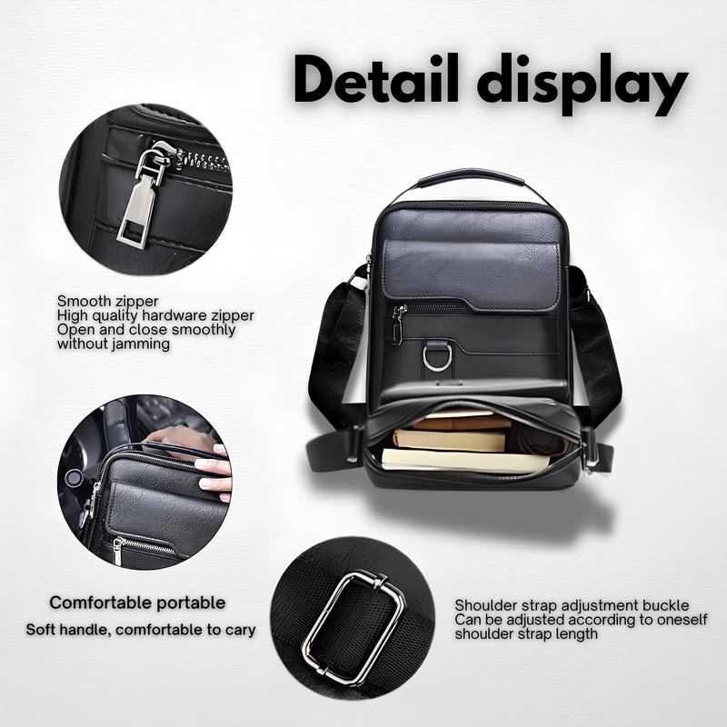 Men's Lightweight PU Leather Crossbody Bag - Stylish Compact Adjustable Strap 3 Spacious Pockets for Travel & Daily Use Black