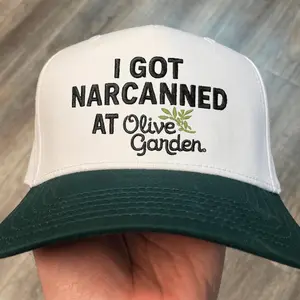 Funny Baseball Hat I Got Narcanned At Olive Garden Viral Meme Cap With Green Brim And White Mesh Back Embroidered Daily Hat