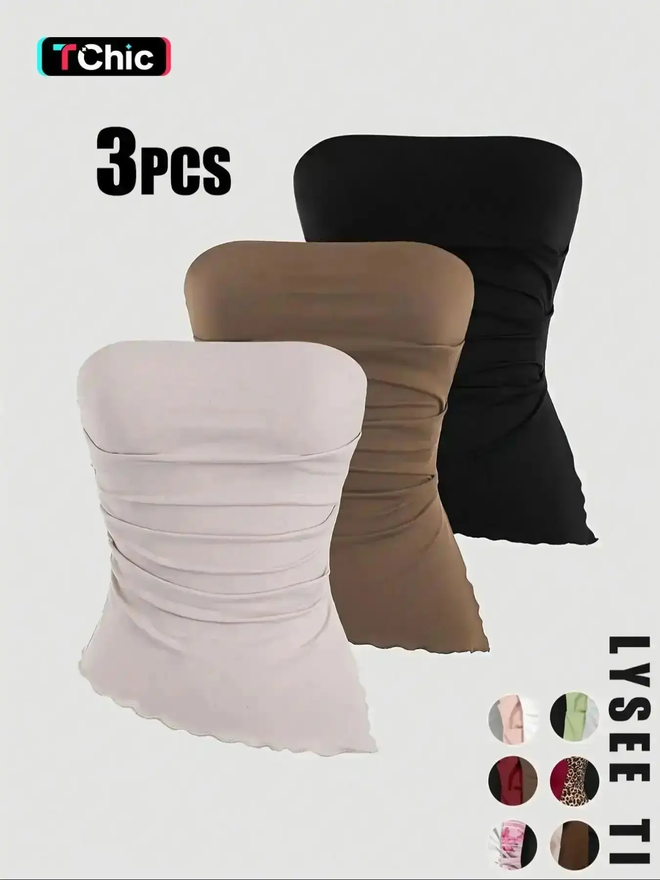 2026 Valentine's Day Women's 3-Piece Autumn/Winter Tube Top Set, Casual Fashion Sports Multicolor High-Elastic Tops with Lettuce Trim, Weekend Wear, Stylish, Earth Tones, Modern, Versatile, Cozy Comfort