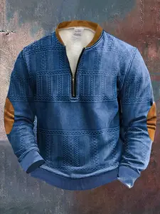 Men's Fitted Colorblock Half-Zip Longsleeve Knit Sweater Pullover, Fashion Cotton-Polyester Top with Button Accents, Digital Print, Unique Texture, All-Seasons Casual Outfit, Zipper Detail, Gift-Suitable