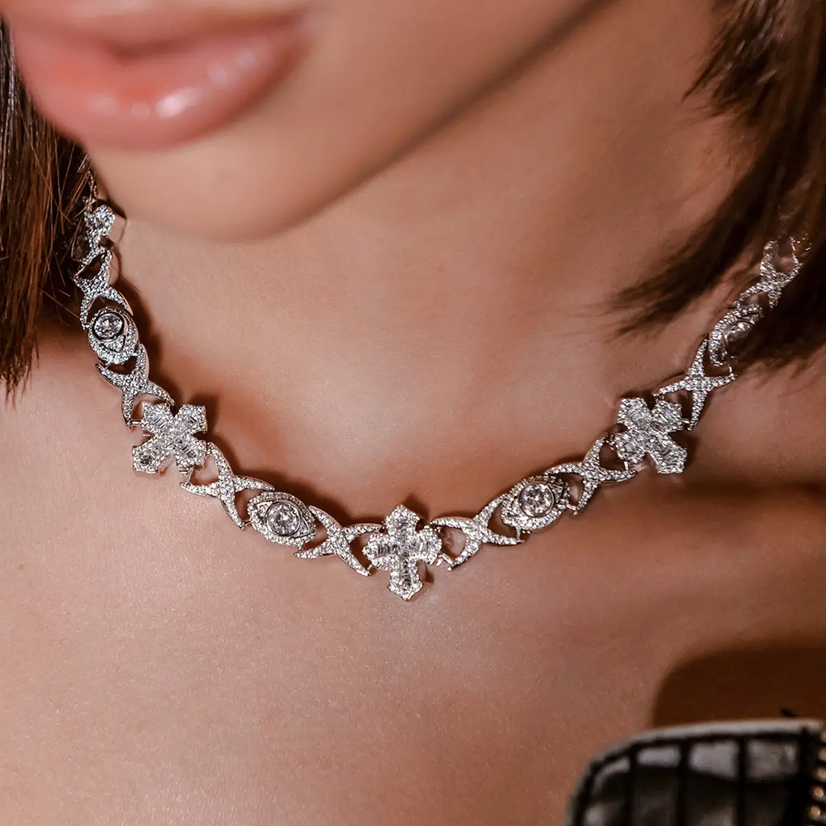 GLD Baguette Cross Evil Eye Necklace in White Gold - Perfect Gift - Statement Piece #TikTokShopBackToSchool