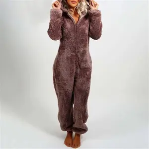 Women Plush 3D Ear Hooded Long Sleeve Jumpsuit Pajamas, Suitable For Autumn/Winter