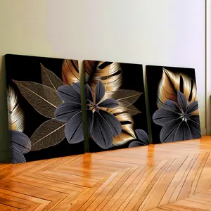 3Pcs Wooden Framed Canvas Painting, Gold Leaves And Dark Flowers Pattern, Exquisite Poster, Home Decoration, Pattern Wall Art Decor, For Living Room, Bedroom, Office, Restaurant, Bar Wall Decor, Odorless, Painting, Print Artwork.