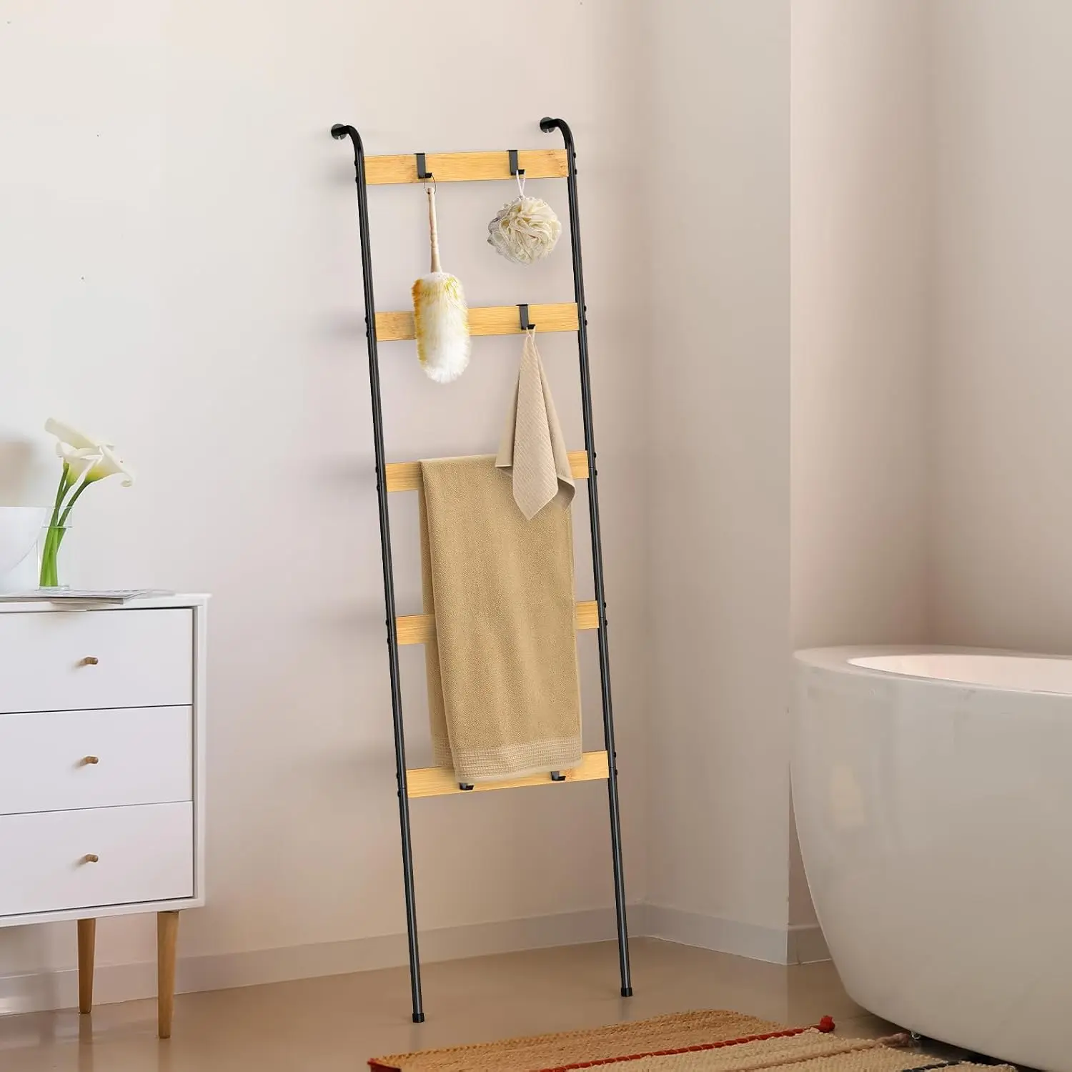 Rustic Black Bamboo Metal Blanket Ladder - 5-Tier Space Towel Rack with 10 Removable Hooks, Wall-Leaning Household Items Storage for Bathroom Decor, Living Room