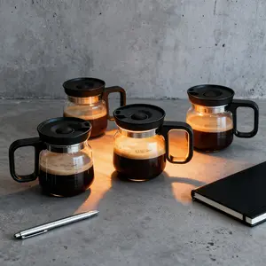 2/4pcs 12oz Minimalist Glass Coffee Pot with Lid & Heatproof Handle, Heat-Resistant Coffee Server Carafe for Home Barista, Office Coffee Break, Daily Brewing