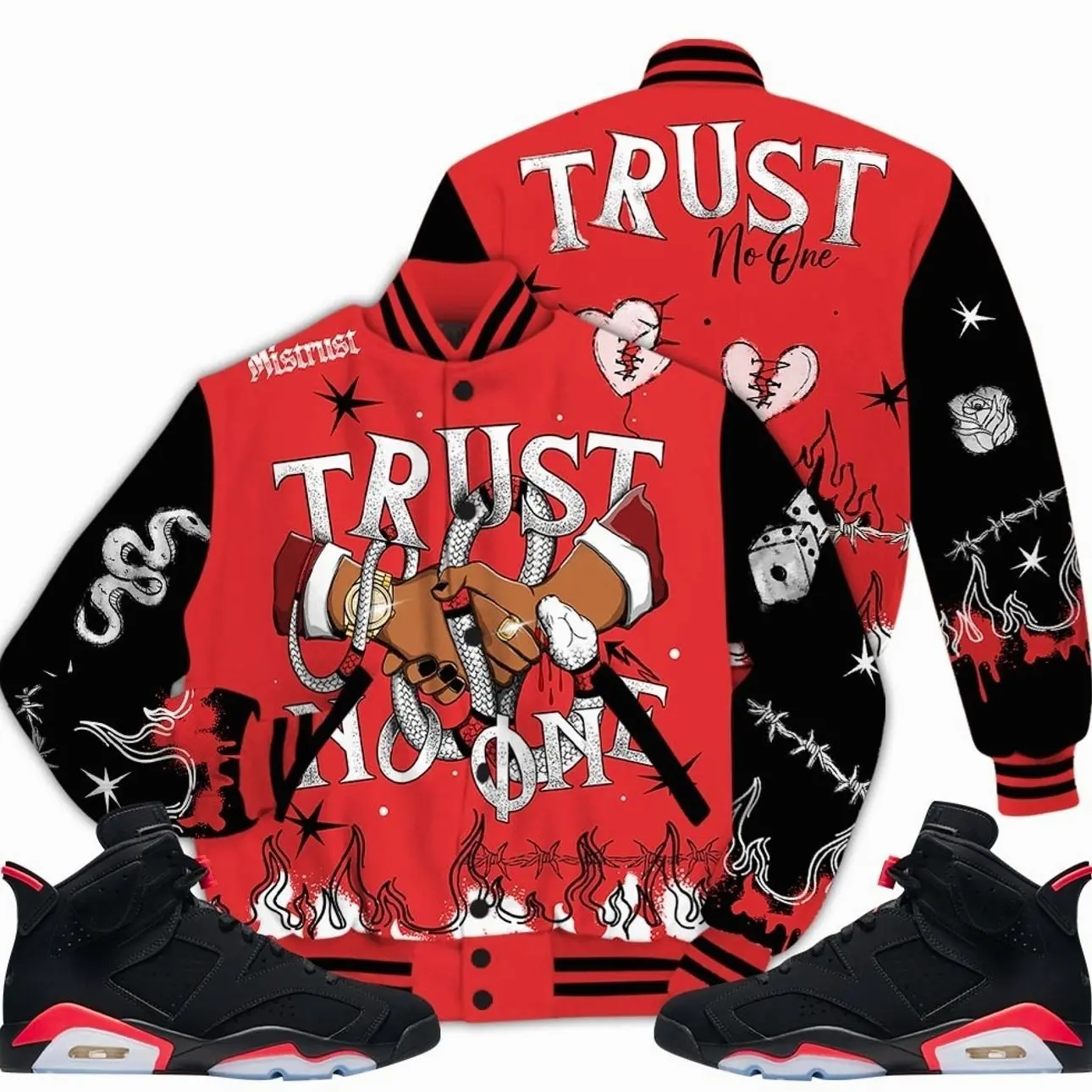 Retro 6 Infrared Varsity Jacket, Black Infrared 6s Outfits, Tattoo Trust No One Got EM Unisex T-Shirts To Match Sneakers Streetweat