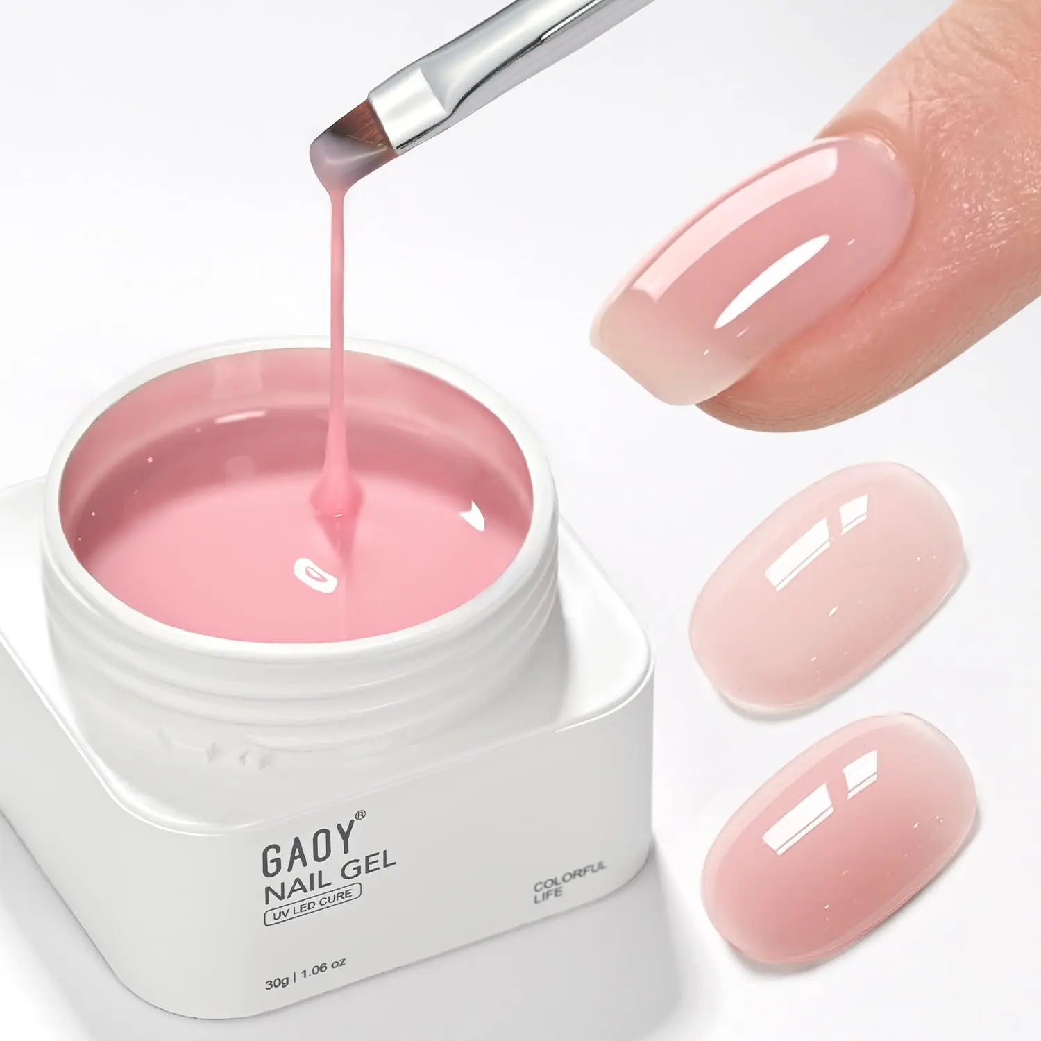 GAOY Colored Nail Builder Base 30g with a Brush, 4-in-1, Light Pink | Long Lasting Nail Builder Gel Strengthening, Natural Jelly, Soak Off UV Light Cure