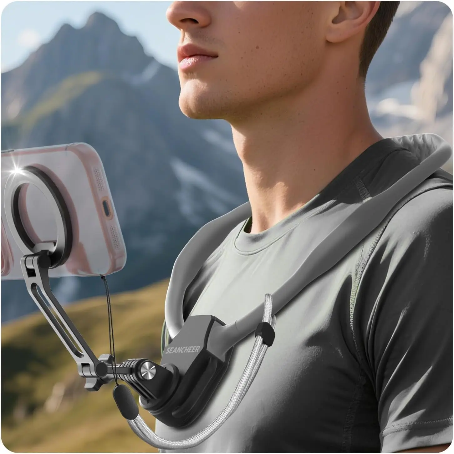 SEANCHEER H-02【2026 Extended Long】 Magnetic Neck Mount for Phones,Neck Phone Holder | 27.6"Hands Free Pov Phone Holder Chest Mount for iPhone17–12 & Android,Go Pro DJI,Camera Shoulder Supports