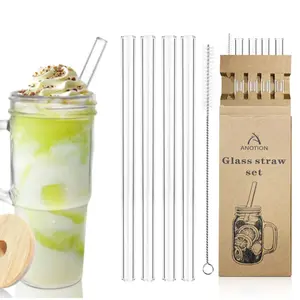 Thickened Clear Glass Straws, Drinking Straw, 4 Counts Transparent Glass Straw 250 MM Length with 1 Cleaning Brush, Reusable Drinkware Accessories for Home Kitchen Party for Smoothies, Cocktails, and Drinks
