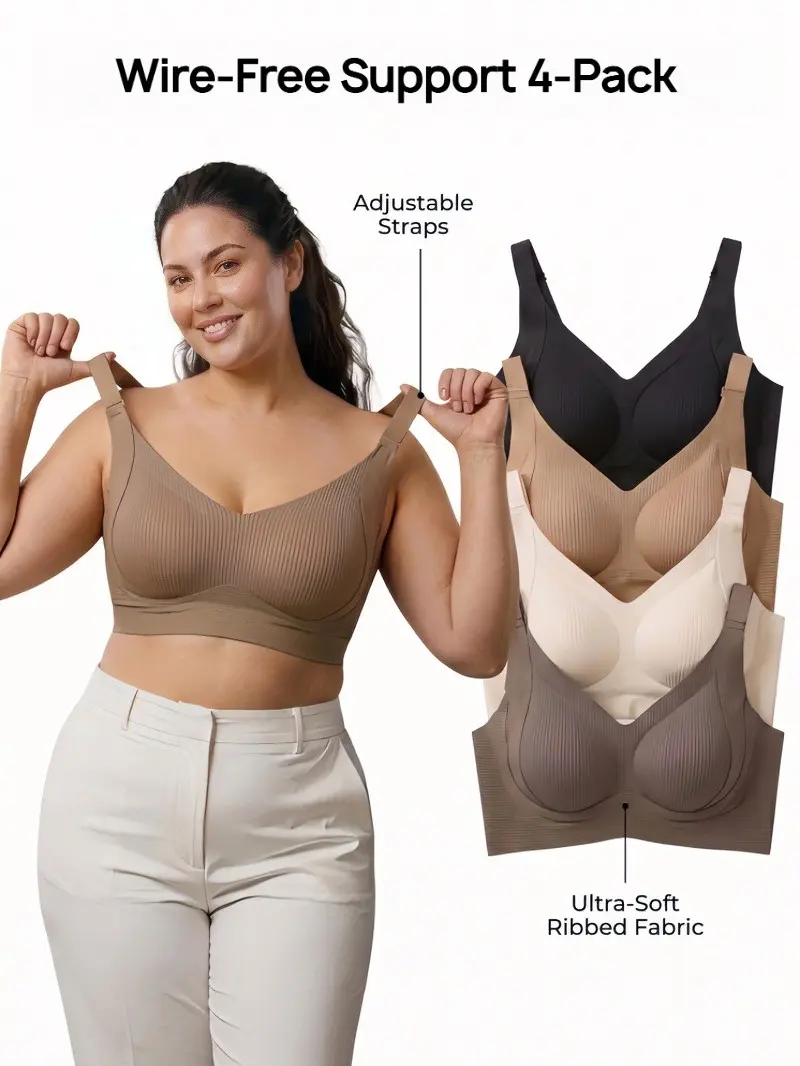 4PCS Solid Seamless Ribbed Wireless Bra Plus Size Comfort Jelly Bralette Ultimate Lift Daily T-shirt Bra S-4XL soft everyday tshirt bra multiway